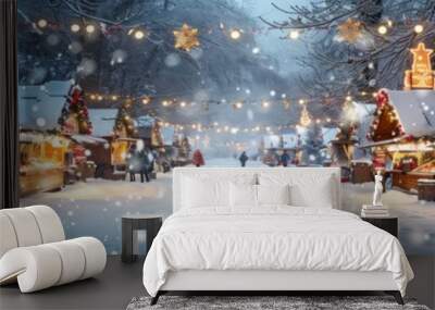 Snow-covered Christmas market with festive stalls and lights, full empty copy space for text. Wall mural