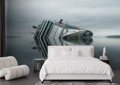 The aftermath of a cruise ship crash, with the vessel partially sunk and leaning to one side in calm, reflective waters. Wall mural