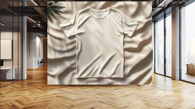 3D render of white t-shirt mockup on bed with plants, hyper-realistic top view Wall mural