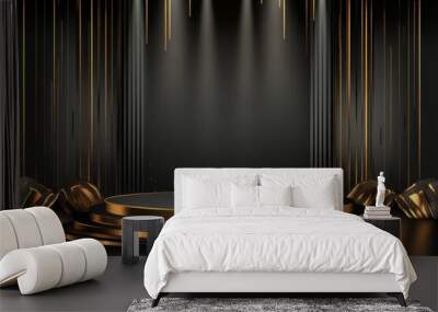 Black and gold podium for product presentation, luxury design background Wall mural