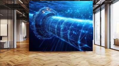 Blue glowing underwater pipe representing energy transfer in the power industry Wall mural