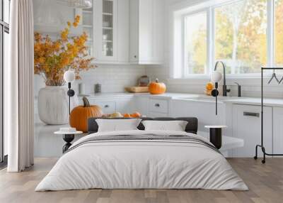 Bright white kitchen with autumn decor and pumpkins, natural window light Wall mural