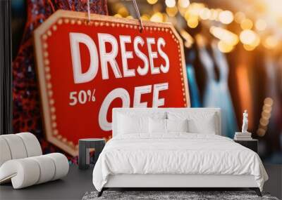 Close-up of DRESSES text and 50 percent OFF sign on colorful summer dress display, sale concept Wall mural