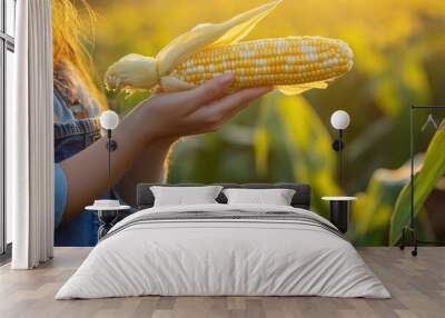 Close-up of hands holding corn cob at harvest season, woman farmer in denim overalls Wall mural