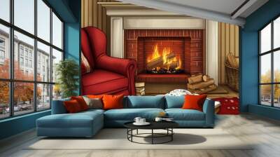 Cozy Christmas fireplace scene with warm flames, decorations, and snow falling Wall mural