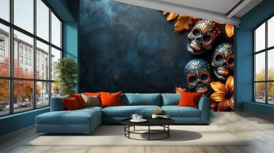 Day of the Dead sugar skulls and flowers on dark background with copy space Wall mural