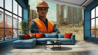 Egyptian construction worker with arms crossed, standing at building site Wall mural