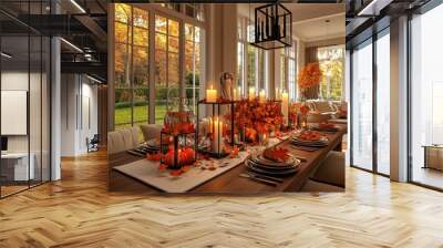 Elegant dining room with autumn decor, large windows showing fall foliage Wall mural