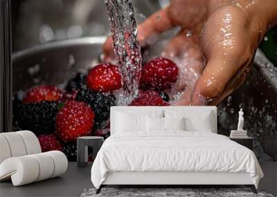 Fresh berries being washed under running water in kitchen sink, close-up photo Wall mural