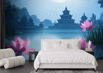 Full moon over lake with lotus flowers and ancient temple in background Wall mural