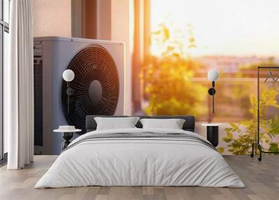 Modern air conditioner unit on apartment terrace with energy-efficient design, close-up shot Wall mural