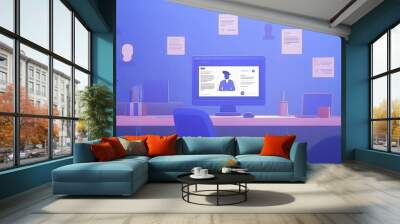 Online job interview illustration with floating heads and documents in blue color scheme Wall mural