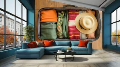 Open suitcase with hat, top-down perspective, travel packing concept Wall mural