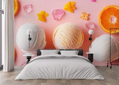 Orange ice cream with sliced oranges, peach flowers, and white chocolate chips, high detail Wall mural