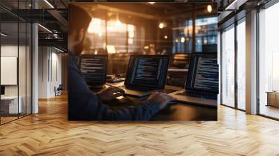 Software developer working on laptops in dark office with golden hour lighting Wall mural