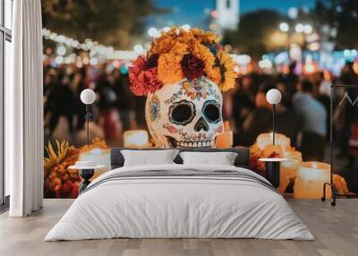 Sugar skull with flowers and candles at Day of the Dead altar, warm tones, cinematic style Wall mural