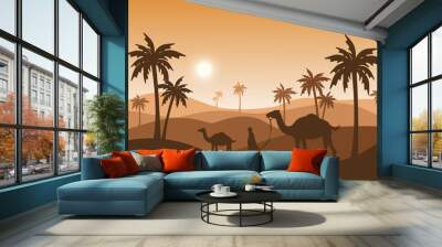 camel and people silhouete background, islamic illustration wallpaper, eid al adha holiday, beautiful sunlight landscape, palm tree, sand desert, vector graphic Wall mural