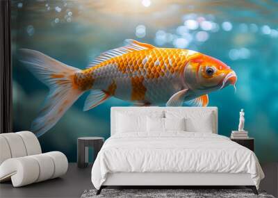 Gold fish swimming in the aquarium. Beautiful colorful fish swimming in the aquarium. Wall mural