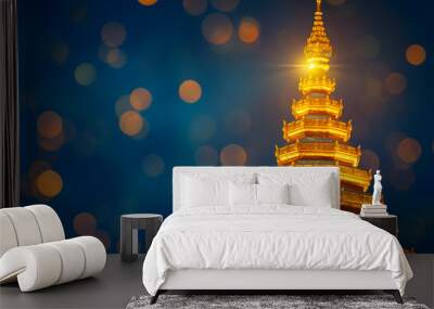 Golden pagoda on blue bokeh background,Thailand. Wall mural