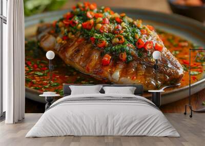 Grilled fish with chili and parsley on a plate, closeup Wall mural