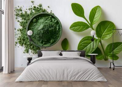 Organic superfood spirulina powder in a bowl and green leaf on white wooden background. Wall mural