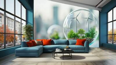 A glass globe with two wind turbines and a tree inside Wall mural