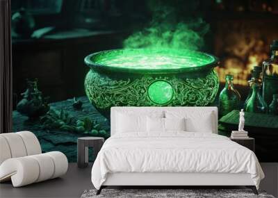 A green cauldron filled with green liquid sits on a table Wall mural