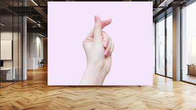 Beautiful female hand shows finger and hand like mini heart shape Korea style as a sign of love while isolated on pink background. Wall mural