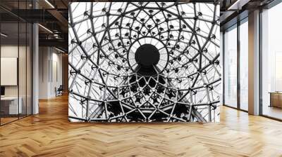 High-Rise Building structure as a whirl architecture rooftop made from metal material to wire web tube in the abstract ornament background. Wall mural