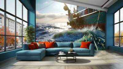 Big game fishing on a big boat, fish nets in the water Wall mural