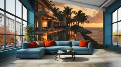 Luxury modern house among palm trees on the ocean on sunset, real estate, minimalism, architectural concept Wall mural