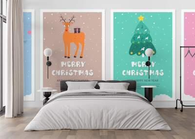 Set of Christmas and New year snow postcards. Flat holiday postcard template. Collection color postcards with deer, christmas tree, christmas decoration and snowman Wall mural