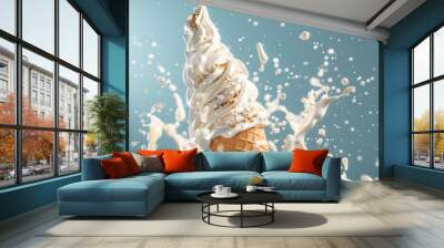 Waffle cone of sweet ice cream with vanilla and splashes of milk and syrup on a light background Wall mural