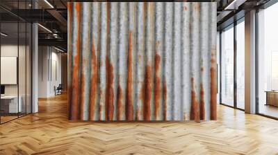 Metallic metal steel tin fence wall sheet  damaged by red brown rust zinc. Concept of wallpaper  texture and background Wall mural