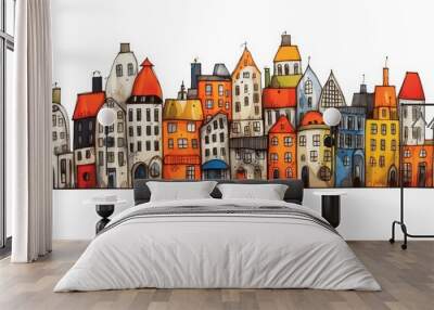 A contemporary cityscape depicted in hand-drawn and painting art style. Generative AI Wall mural