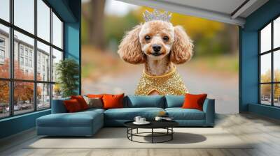 Adorable poodle wearing a golden cape and crown, posing elegantly in a colorful autumn setting. Perfect for pet and royalty themes. Wall mural