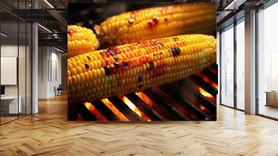 close-up shot of grilled corn on the cob, showcasing its smoky charred kernels, a tempting summer de Wall mural