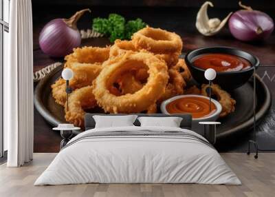 Pile of onion rings on a plate with condiments. Generative AI Wall mural