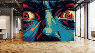 Pop Art Horror, showcasing a person's face contorted in fear with vivid colors and graphic elements, intensifying the emotional impact of the depicted emotion. Generative AI Wall mural