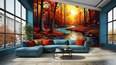 Stunning landscape using the artistic techniques of stained glass. Wall mural