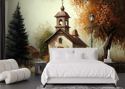 The rustic country church has a welcoming atmosphere. Acrylic painting. Generative AI Wall mural