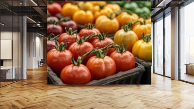 Vendor showcasing ripe tomatoes in different varieties, from heirloom to cherry, tomatoes, fresh vegetable market, juicy and colorful Wall mural