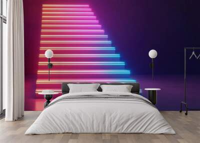 Vibrant neon staircase with colorful lights, creating a modern and futuristic ambiance in a dark setting. Wall mural