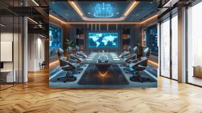 Futuristic conference room with digital screens and advanced technology in a high-tech environment Wall mural