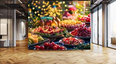 Lush fruit display at an elegant event with festive bokeh lighting Wall mural