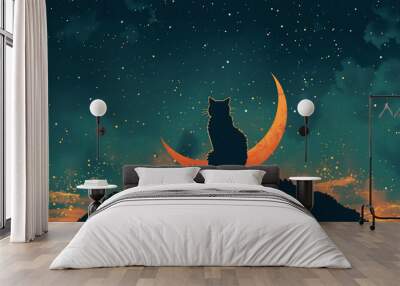 Silhouette of Cat Under Crescent Moon and Starry Sky Wall mural