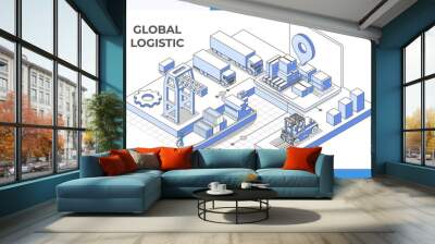 Global logistic service modern isometric line illustration.xport, import, warehouse business, transport sketch drawn icons. Wall mural