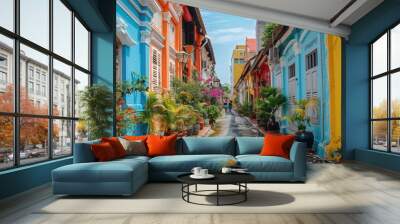 A colorful narrow street with blue sky Wall mural