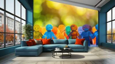 A group of colorful 3DXiao Ren  stand in a row against a blurred background of green and yellow. Wall mural