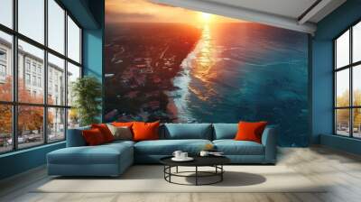 A stunning coastal sunset with vibrant colors illuminating the sky and reflecting over the ocean waves, creating a tranquil and beautiful scene. Wall mural